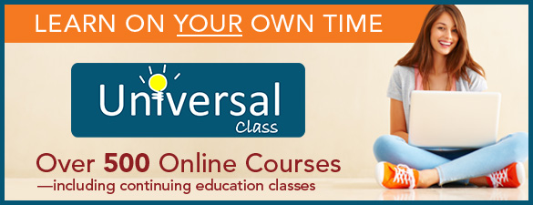 Banner promoting Universal Class, featuring the text ‘Learn on your own time’ and ‘Over 500 online courses,’ with a person sitting on the floor using a laptop.