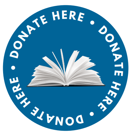 A blue circular graphic with the phrase “DONATE HERE” repeated around the edge in white letters, featuring an open book illustration in the center.