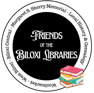 A circular logo with the text “Friends of the Biloxi Libraries” in white on a black center, surrounded by library names and phrases like “Local History & Genealogy” on the outer ring. A small stack of colorful books is placed at the bottom right of the circle.