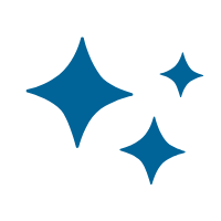 Three blue sparkle shapes on a white background, arranged in varying sizes.