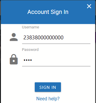 Account sign‑in pop‑up with fields for username and password and a blue ‘Sign In’ button.