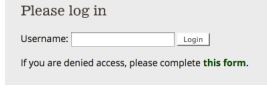 Login screen showing a username field, a login button, and a link to a form for denied access.