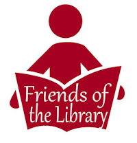A red graphic of a person reading an open book with the text “Friends of the Library” displayed on the book.
