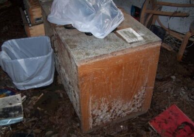 A wooden desk is coated with mold and dirt, surrounded by mud, damaged books, and storm debris. Items rest on top of the desk, and nearby furniture shows similar water damage.
