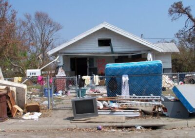 A small house sits amid storm debris with mattresses, clothing, and broken furniture piled in the yard and along the fence. A discarded television and scattered belongings cover the sidewalk in front.