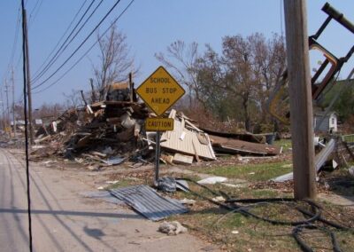 A “School Bus Stop Ahead” sign stands next to a massive pile of storm debris, including twisted metal, broken lumber, and roofing material. The surrounding street is lined with damaged utility poles and barren trees.