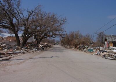 A barren street is lined with uprooted trees and piles of storm debris from destroyed homes, with bare branches stretching over the roadway. The surrounding neighborhood shows extensive structural damage.