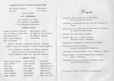 A printed dedication program listing county officials, city commissioners, library board members, architects, contractors, staff, and the event schedule for the library’s formal opening ceremony.