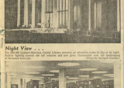 A newspaper clipping featuring two photographs: the top image shows the exterior of the Gulfport–Harrison County Library at night with tall columns lit from below, and the bottom image shows the library’s interior with bookshelves, round tables, and a librarian shelving books.