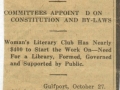 A vintage newspaper clipping with a headline about committee appointments on a constitution and by-laws, followed by text describing a woman’s literary club raising funds to start a library.