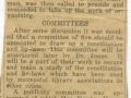 A vintage newspaper clipping titled “Committees,” describing the decision to appoint a five-member committee to draft a constitution and by‑laws and study examples used by other library associations.