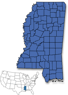 Map of Mississippi with all counties shaded in blue, shown alongside a small U.S. map highlighting the state.