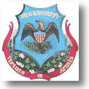 Mississippi coat of arms featuring a bald eagle with outstretched wings holding a shield, olive branch, and arrows, with the state name and motto displayed on a ribbon.
